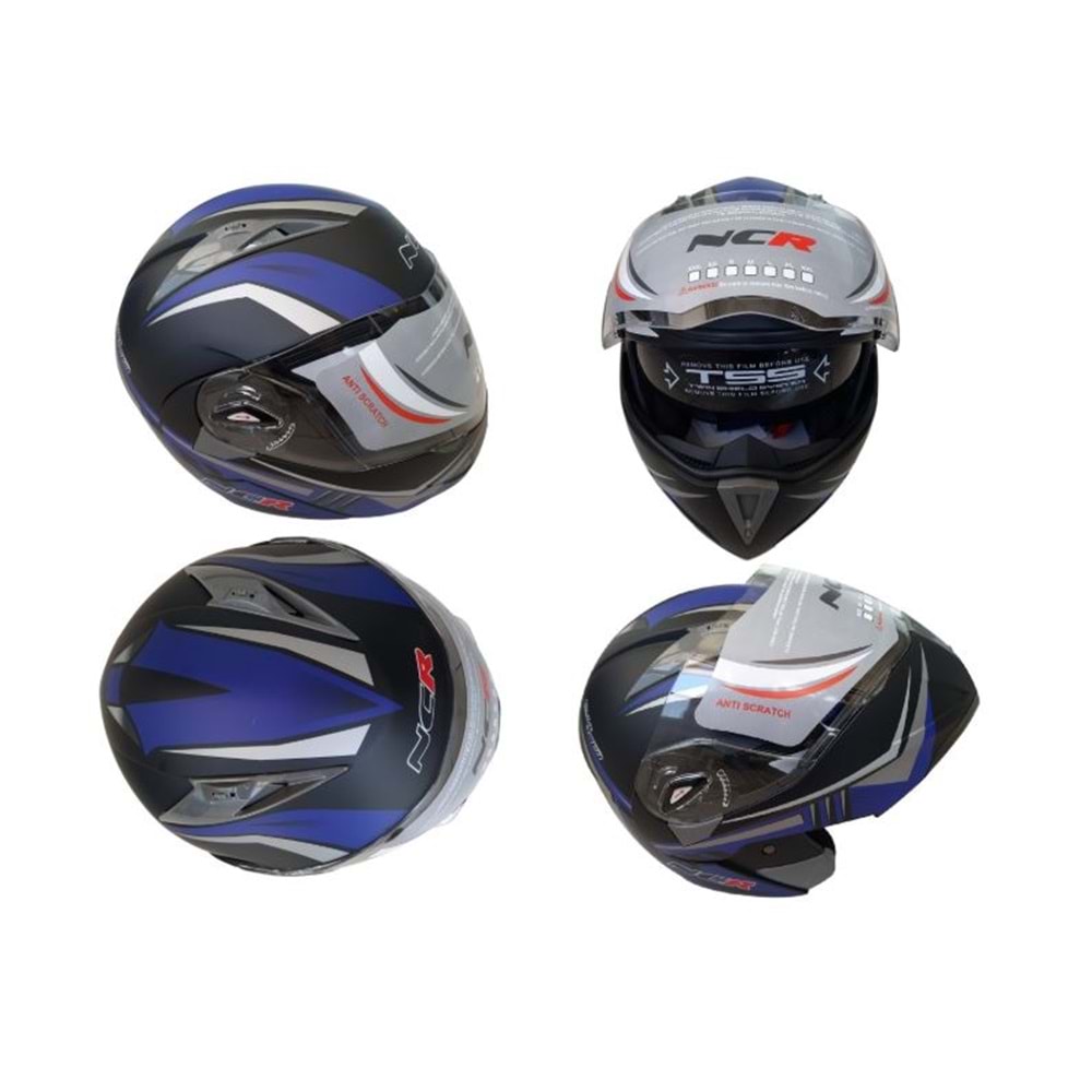 KASK ÇENE AÇILIR GÖZLÜKLÜ NCR (MAT SİYAH - MAVİ) (XL)