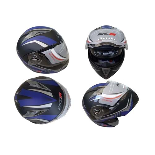 KASK ÇENE AÇILIR GÖZLÜKLÜ NCR (MAT SİYAH - MAVİ) (XL)