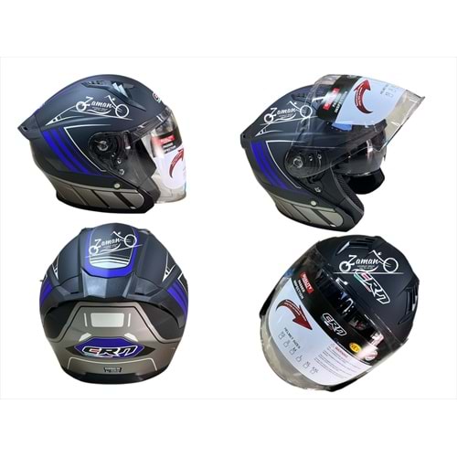 KASK ÇENESİZ GÖZLÜKLÜ CRN (MAT SİYAH - MAVİ) (XL)